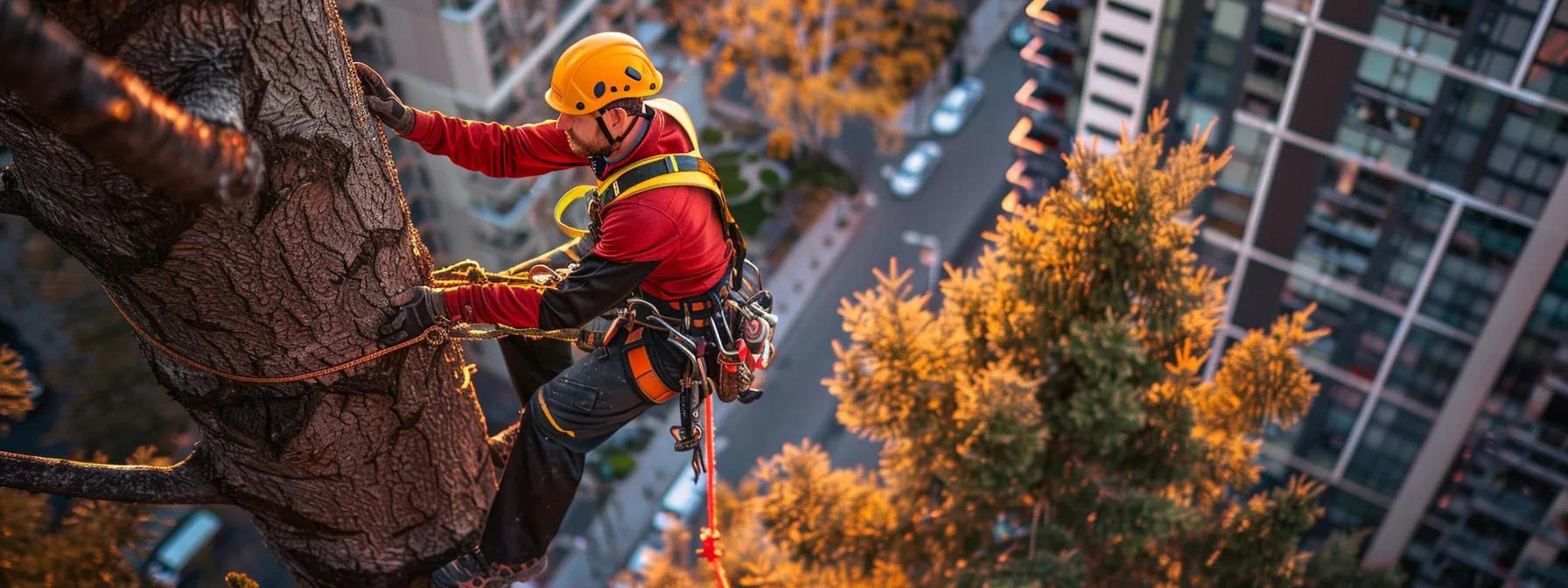 a dynamic urban tree removal scene captures experienced arborists in safety gear meticulously orchestrating the removal of a towering tree, with advanced equipment and safety measures prominently showcased against a backdrop of a bustling city.