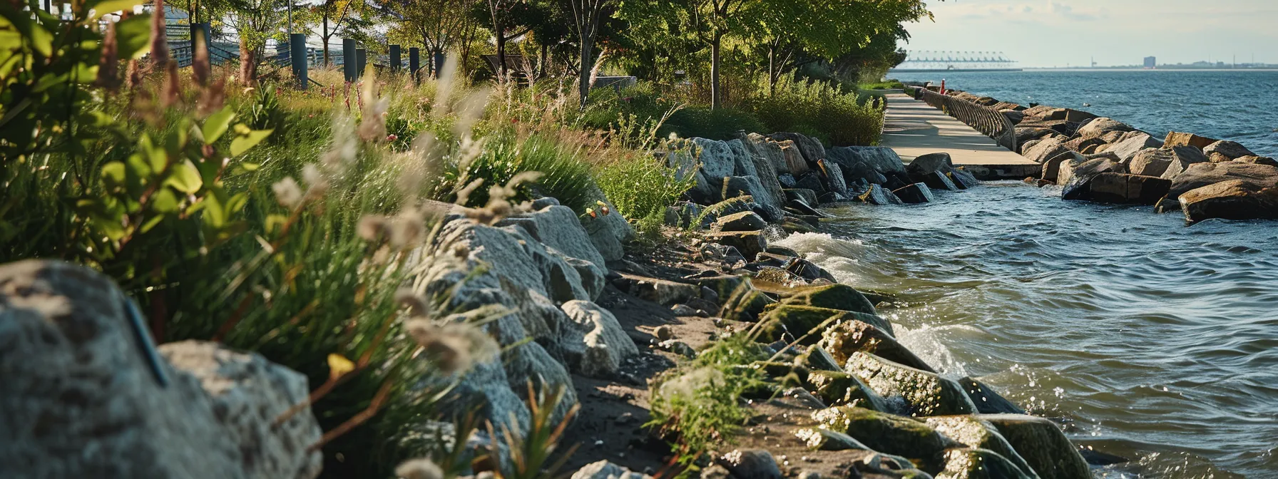 a dynamic urban waterfront scene showcases innovative shoreline erosion control techniques, featuring engineered barriers and strategically placed vegetation to protect properties against wave and wind damage.