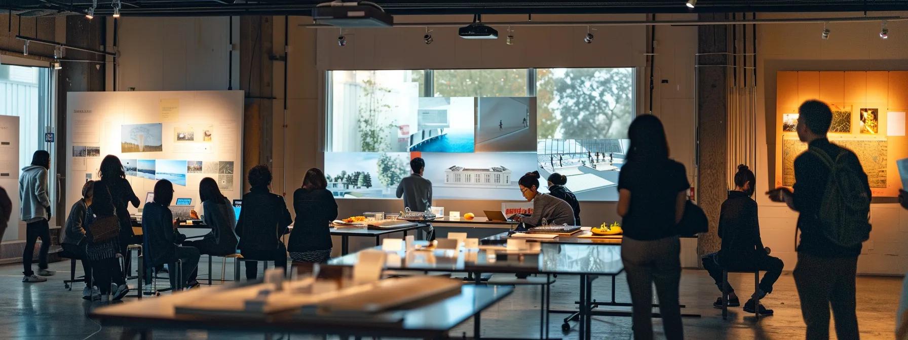 a dynamic urban workshop setting with engaged individuals collaboratively discussing paddling techniques, surrounded by architectural models and community insights displayed on sleek presentation boards.