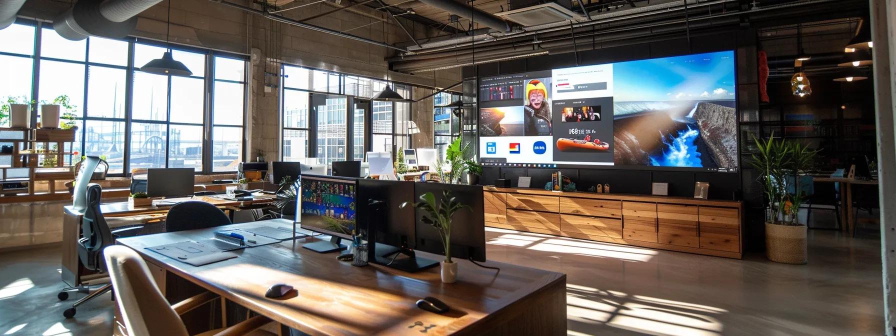 a dynamic urban workspace featuring a large digital screen displaying a vibrant itinerary for a whitewater rafting adventure, surrounded by sleek office decor and organized planning materials, capturing the essence of efficient trip preparation in a modern environment.