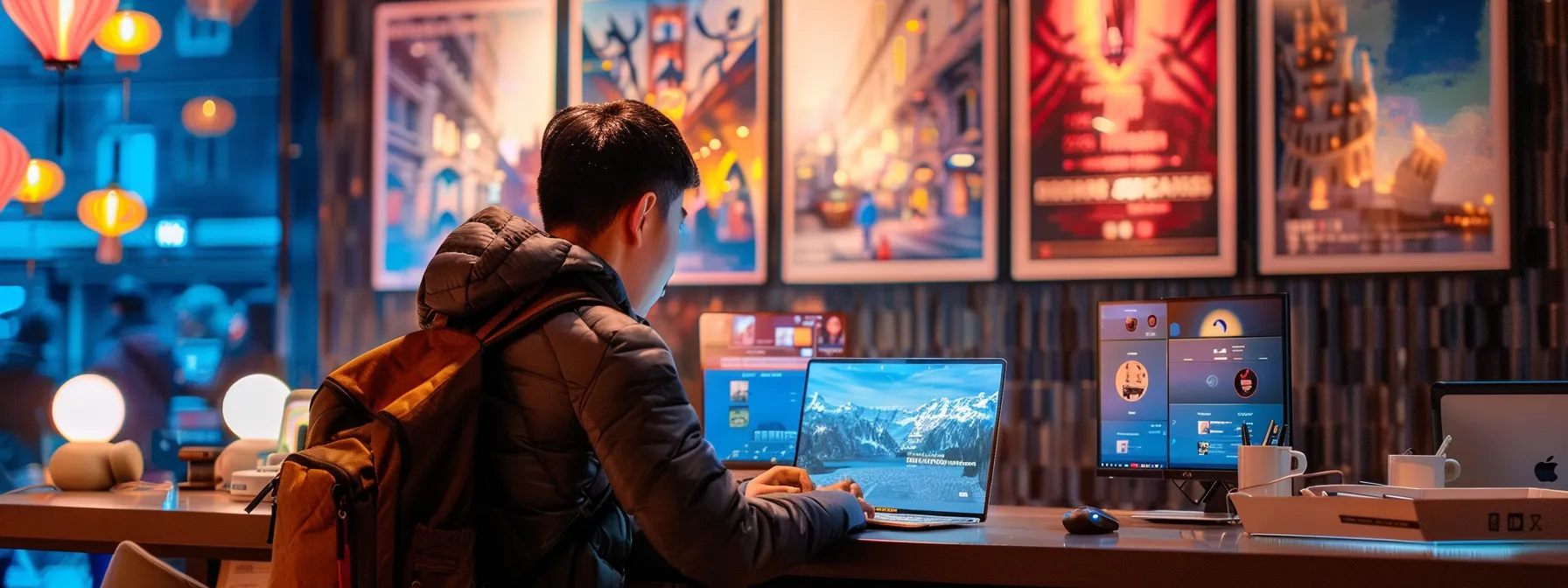 a dynamic urban workspace features a focused traveler intently engaging with a sleek laptop on a polished desk, surrounded by vibrant travel posters, embodying the efficiency and humor of booking an airport transfer.