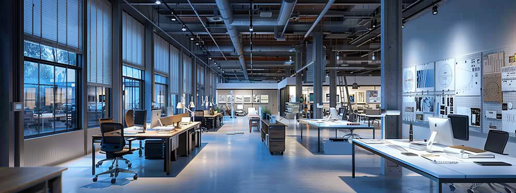 a dynamic urban workspace filled with architectural drafting tools, large blueprints scattered on a sleek conference table, and vivid mood boards pinned on the walls, all illuminated by striking fluorescent lighting that highlights the creativity and collaboration of a contemporary architecture team.