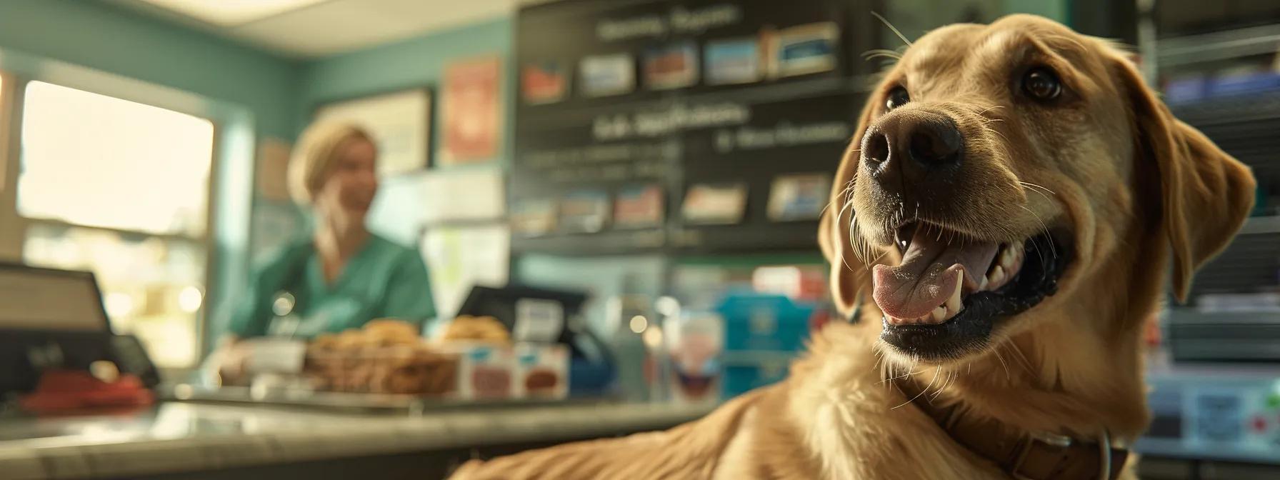 a dynamic veterinary office scene showcases a cheerful dog enthusiastically chewing on a bully stick, highlighting its dental health benefits with dental care charts and protein-packed dog food in the background. a dynamic veterinary office scene showcases a cheerful dog enthusiastically chewing on a bully stick, highlighting its dental health benefits with dental care charts and protein-packed dog food in the background.