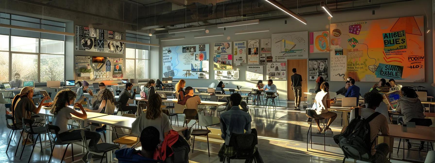a dynamic view of a modern urban classroom filled with diverse students engaged in an interactive online architecture class, surrounded by vibrant posters illustrating the evolution of music genres influenced by big band, creating a lively atmosphere of creativity and collaboration.
