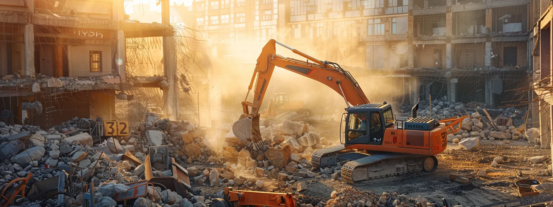 a dynamic visual of a bustling demolition site under dramatic sunlight, showcasing heavy machinery actively tearing down a structure, symbolizing the strength and efficiency of targeted retargeting strategies for improved business conversions.