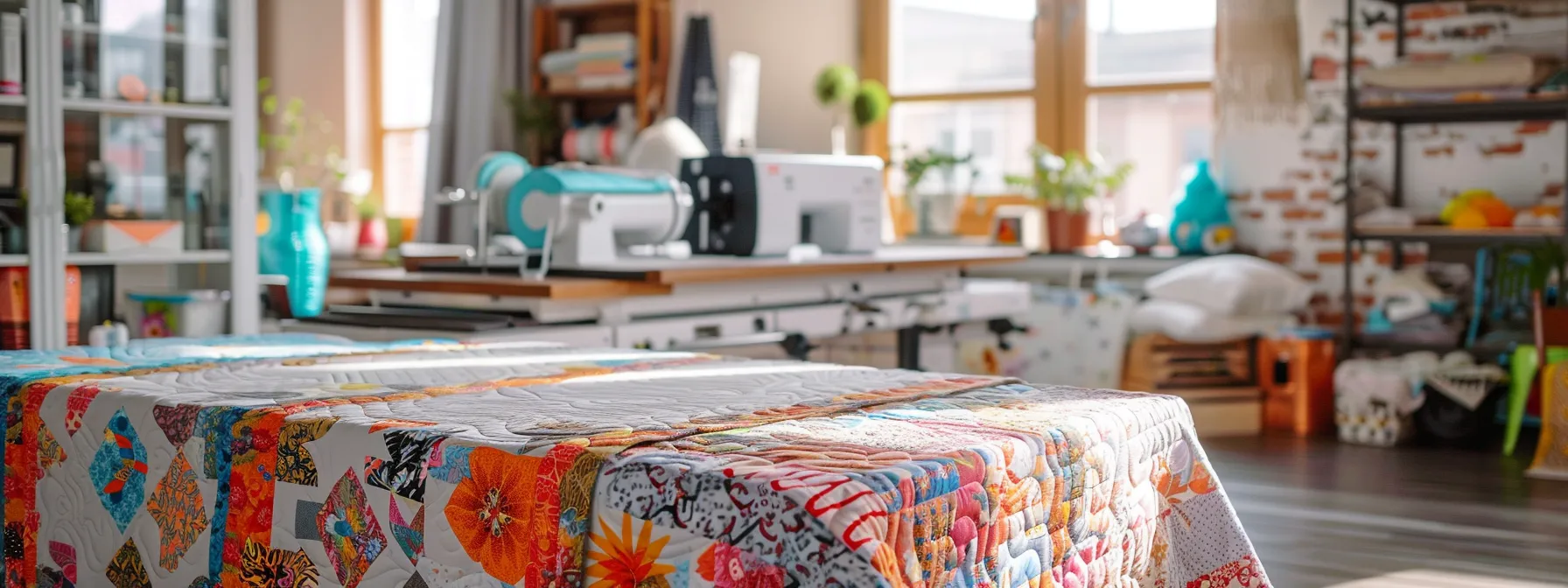 a dynamic, well-lit quilting studio filled with a range of vibrant fabrics, showcasing a high-end quilting sewing machine, with a beautifully crafted quilt partially assembled on the table, emphasizing the artistry of quilting and the importance of selecting the right tools for every project. a dynamic, well-lit quilting studio filled with a range of vibrant fabrics, showcasing a high-end quilting sewing machine, with a beautifully crafted quilt partially assembled on the table, emphasizing the artistry of quilting and the importance of selecting the right tools for every project.