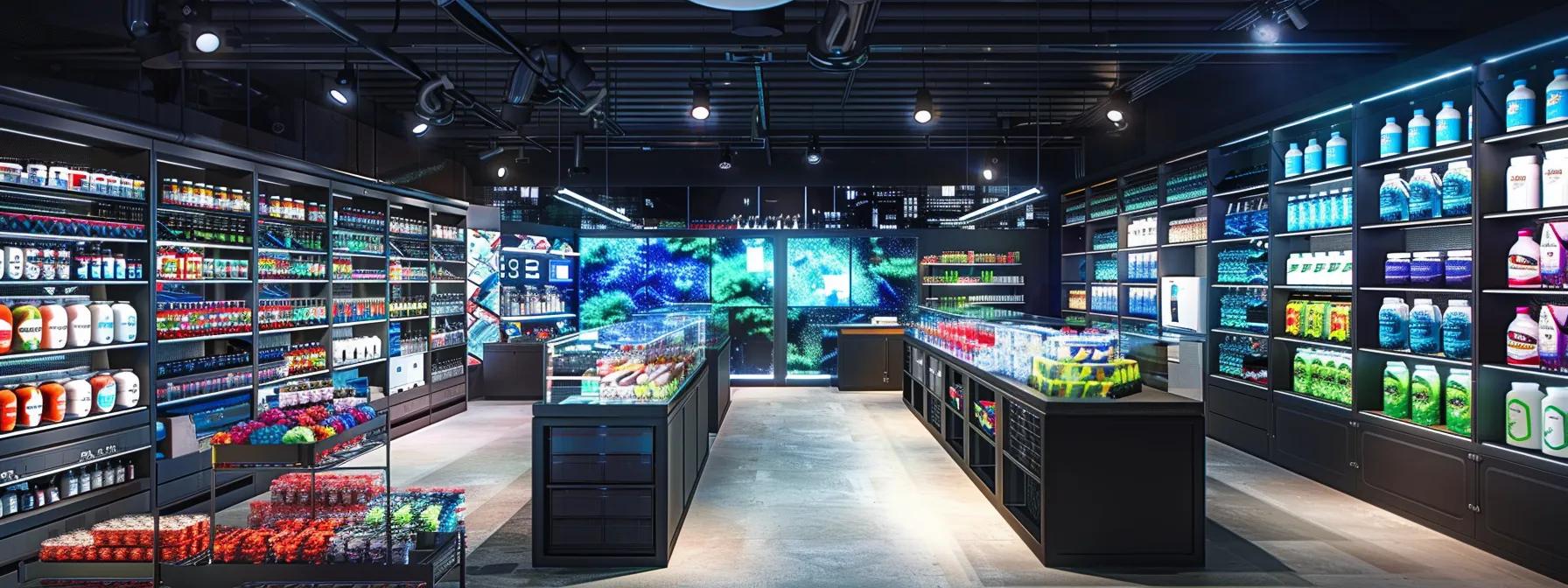 a dynamic, well-lit laboratory scene showcases a passionate sports nutrition team collaborating with advanced technology, surrounded by vibrant, colorful product formulations and scientific equipment, embodying innovation and dedication to athlete support.