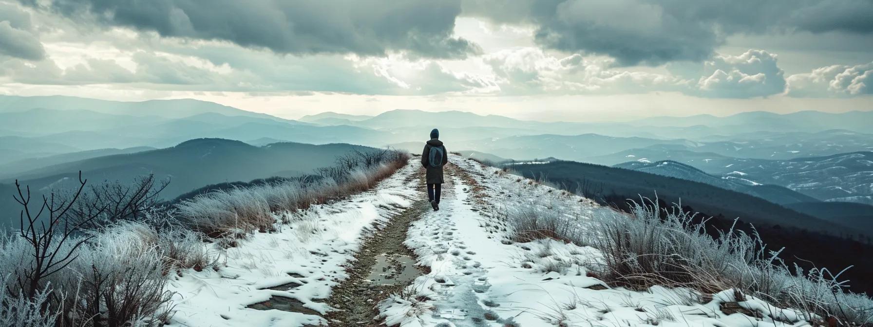 a dynamic winter hiking scene in the blue ridge mountains, showcasing a rugged trail blanketed in fresh snow, with a solitary hiker navigating the crisp, icy landscape under a dramatic, overcast sky. a dynamic winter hiking scene in the blue ridge mountains, showcasing a rugged trail blanketed in fresh snow, with a solitary hiker navigating the crisp, icy landscape under a dramatic, overcast sky.