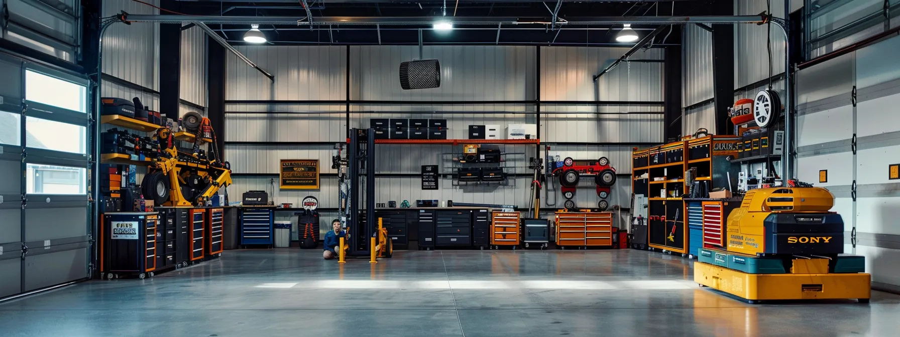 a dynamic workplace scene in a well-organized garage features technicians confidently using ali certified lifting equipment, radiating professionalism and safety, with safety posters and training materials visible on the walls to emphasize the culture of operational excellence.