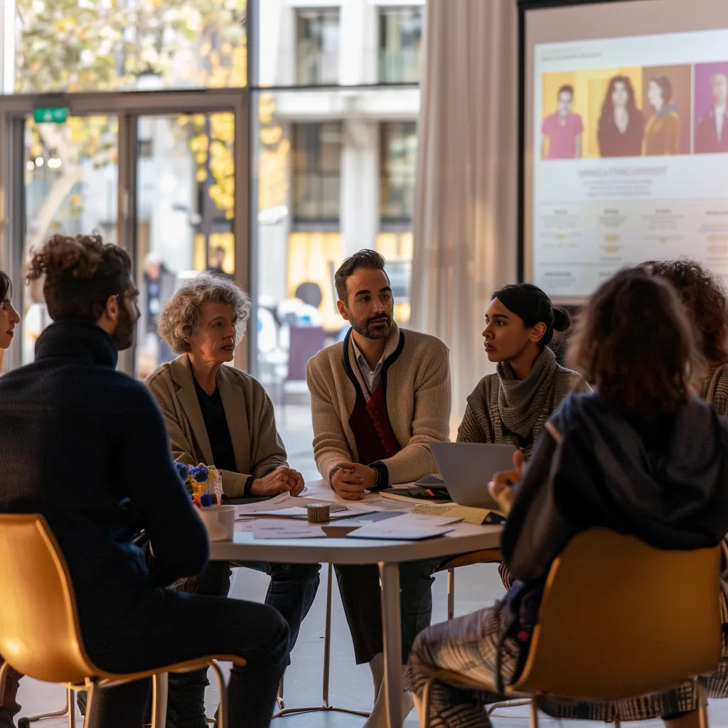 a dynamic workshop setting featuring a diverse group of mental health professionals engaged in storytelling techniques, surrounded by vibrant infographics and creative visual aids, highlighting the transformative power of narrative in mental health care.