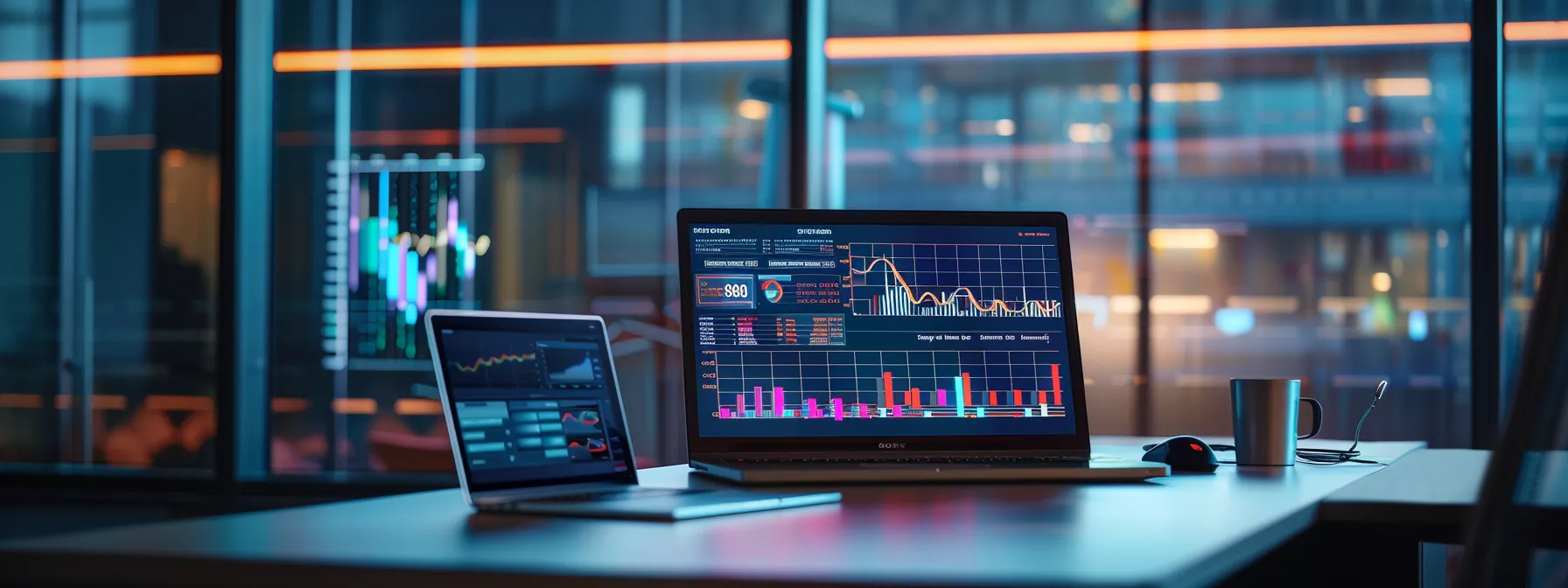 a dynamic workspace featuring a large digital screen displaying vivid analytics and trends, with a sleek laptop open amidst vibrant charts and graphs, set in a modern office environment illuminated by soft, focused lighting.