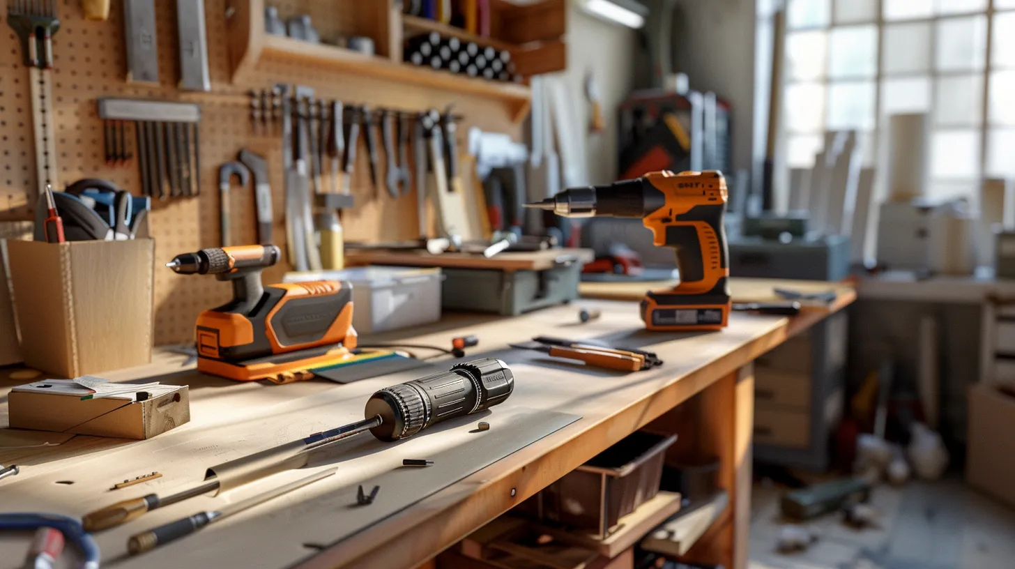 a dynamic workspace filled with a variety of high-quality home renovation tools, including a power drill, a set of chisels, and a laser level, all bathed in soft, natural light that highlights their sleek designs and gleaming surfaces. a dynamic workspace filled with a variety of high-quality home renovation tools, including a power drill, a set of chisels, and a laser level, all bathed in soft, natural light that highlights their sleek designs and gleaming surfaces.