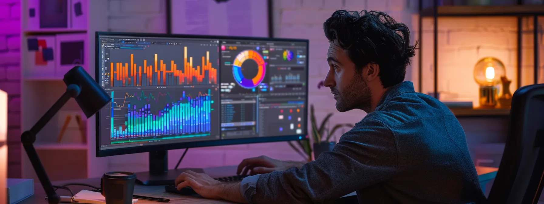 a dynamic workspace showcases a digital marketer intently analyzing a vibrant graph of backlinks on a sleek computer screen, illuminated by a focused desk lamp, symbolizing the battle against toxic links to preserve online authority.