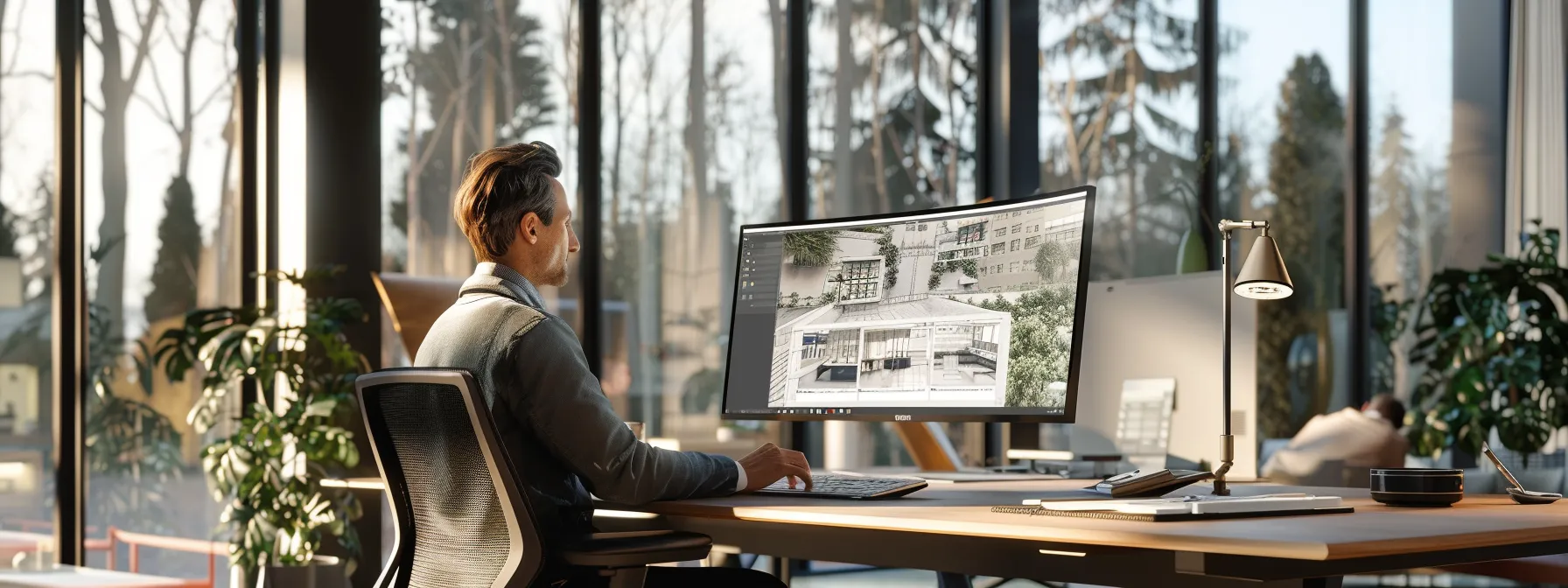 a dynamic workstation showcasing a sleek cad interface on a high-resolution monitor, with an architect deeply engaged in the design process, illuminated by soft, natural light pouring through large windows, highlighting the seamless fusion of technology and creativity.
