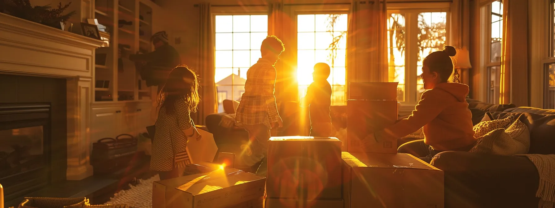 a family hurriedly packing boxes in a living room as the sunset casts a warm glow through the window, signifying the need to vacate their home after a foreclosure auction. a family hurriedly packing boxes in a living room as the sunset casts a warm glow through the window, signifying the need to vacate their home after a foreclosure auction.