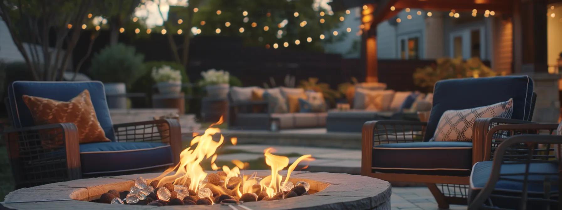 a fire pit with adjustable flames, cooking grates, and fire glass, surrounded by neatly organized patio furniture, creating a cozy and stylish outdoor gathering space. a fire pit with adjustable flames, cooking grates, and fire glass, surrounded by neatly organized patio furniture, creating a cozy and stylish outdoor gathering space.
