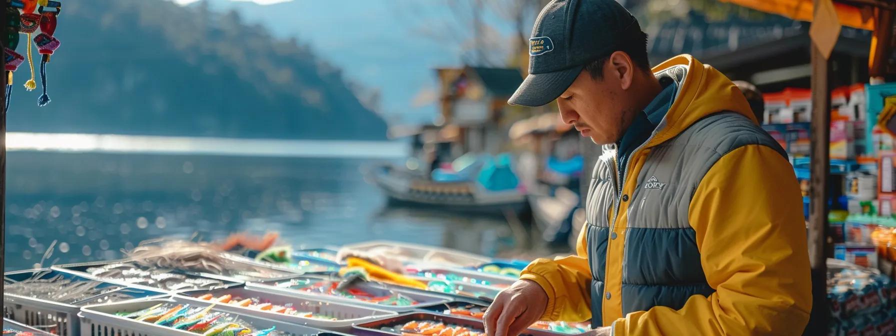 a fisherman carefully selecting the perfect bait from a colorful array of options, with a picturesque lake in the background. a fisherman carefully selecting the perfect bait from a colorful array of options, with a picturesque lake in the background.