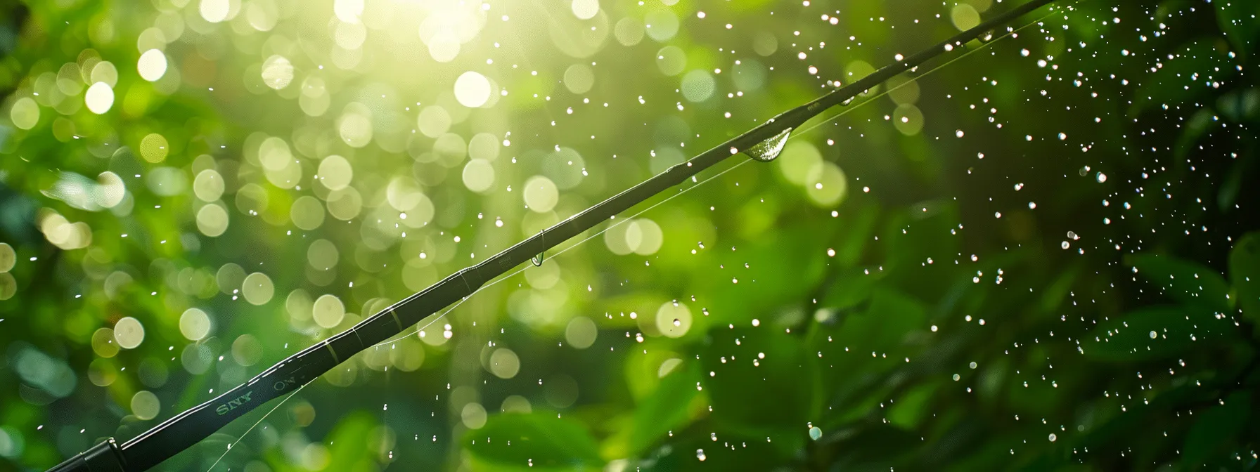 a fishing rod made of sleek graphite, glistening in the sunlight, stands out against a backdrop of lush green trees and rippling water. a fishing rod made of sleek graphite, glistening in the sunlight, stands out against a backdrop of lush green trees and rippling water.