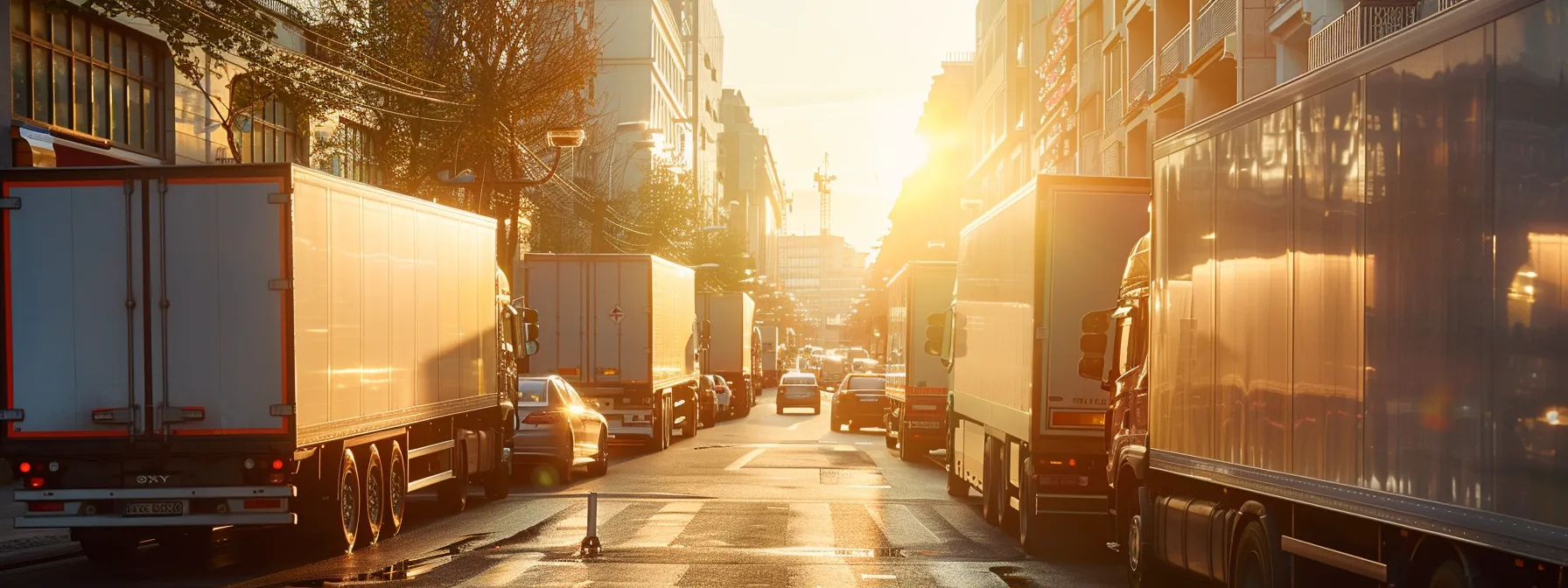 a fleet of gleaming refrigerated trucks lines a vibrant city street, reflecting the soft glow of the setting sun, symbolizing freshness and reliability in transport. a fleet of gleaming refrigerated trucks lines a vibrant city street, reflecting the soft glow of the setting sun, symbolizing freshness and reliability in transport.