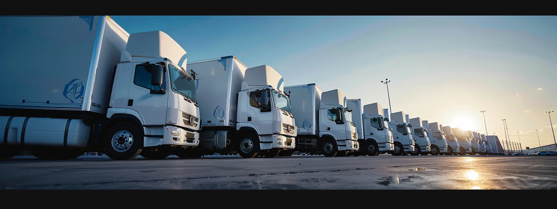 a fleet of sleek, modern refrigerated trucks gleams under the bright sun, their crisp white surfaces reflecting the drive cool logo, set against a clear blue sky. a fleet of sleek, modern refrigerated trucks gleams under the bright sun, their crisp white surfaces reflecting the drive cool logo, set against a clear blue sky.
