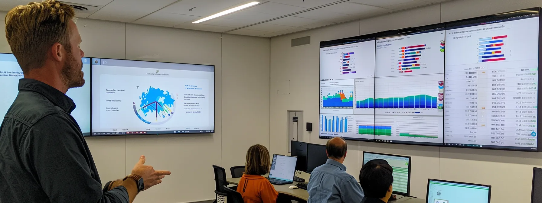 a focused air quality assessment professional, equipped with advanced measuring instruments in a modern office setting, engages in a comprehensive discussion with clients, framed by informative charts and air quality data displayed on sleek screens. a focused air quality assessment professional, equipped with advanced measuring instruments in a modern office setting, engages in a comprehensive discussion with clients, framed by informative charts and air quality data displayed on sleek screens.