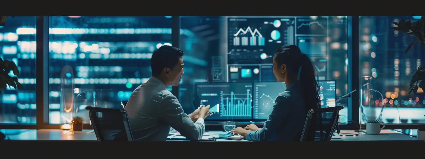 a focused and modern office space features a couple intently discussing financial documentation while seated at a sleek conference table, surrounded by digital displays showcasing housing market trends and budgeting tools, emphasizing their journey as first-time home buyers.
