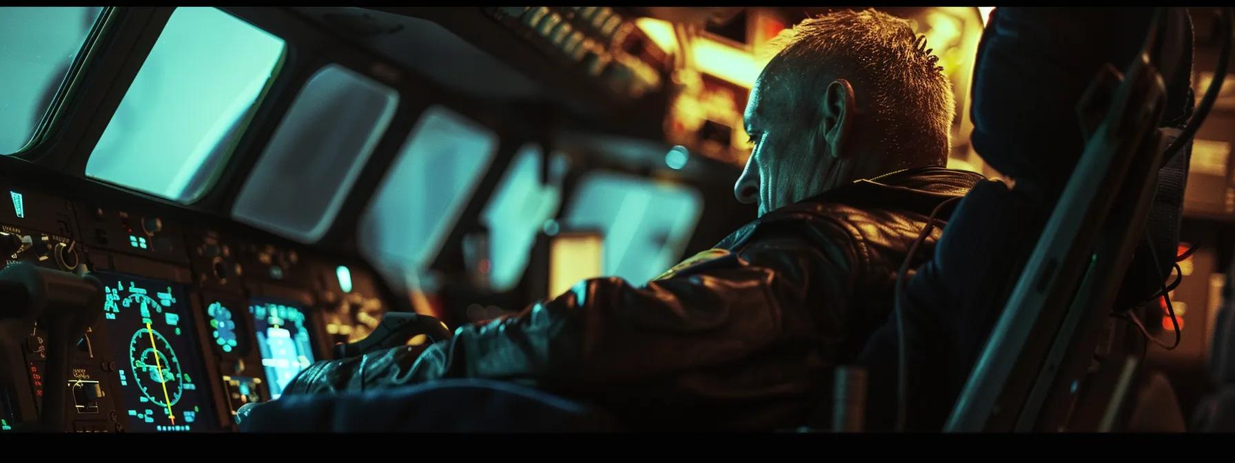 a focused and weary airline pilot sits in a dimly lit cockpit, surrounded by intricate controls and displays, as they gaze pensively out the window, reflecting the immense pressure and emotional strain of their high-stakes profession.
