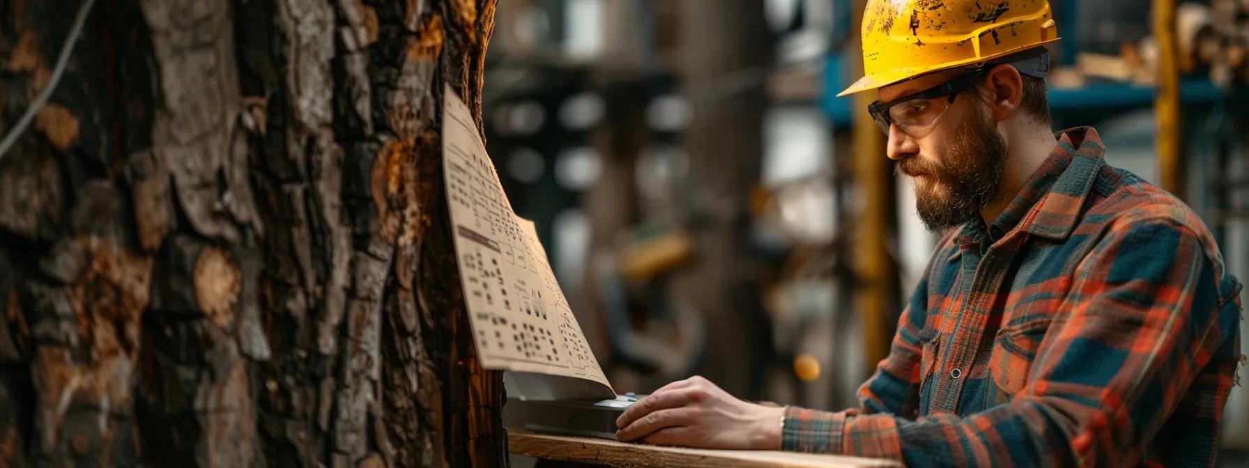a focused arborist examines a tree's trunk in a well-equipped urban workshop, surrounded by tools and charts, emphasizing the importance of proactive care and monitoring for long-term tree health.