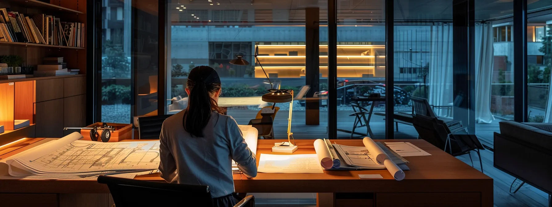 a focused architect is seated at a modern desk in a sleek office, surrounded by architectural blueprints and study materials, intensely reviewing notes for the architect registration examination under the warm glow of overhead lights.