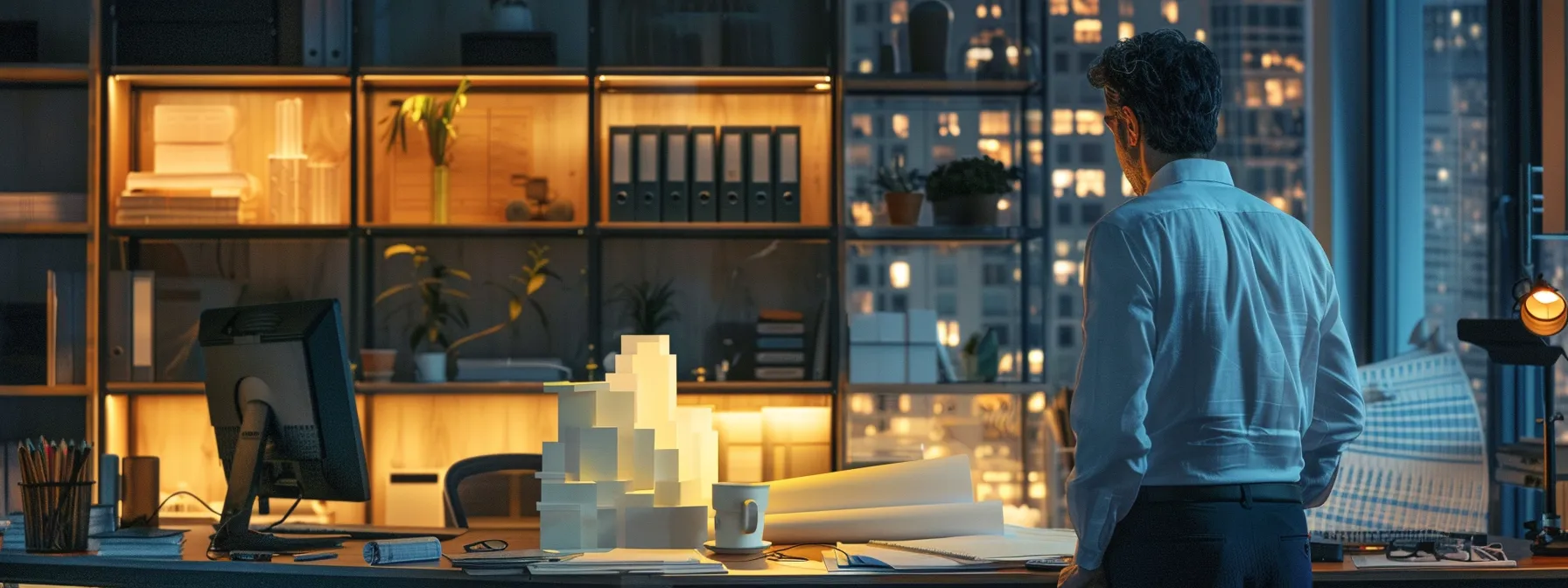 a focused architect stands in a sleek, modern office surrounded by detailed blueprints and 3d models, intently analyzing a strikingly designed urban structure illuminated by warm artificial lighting.