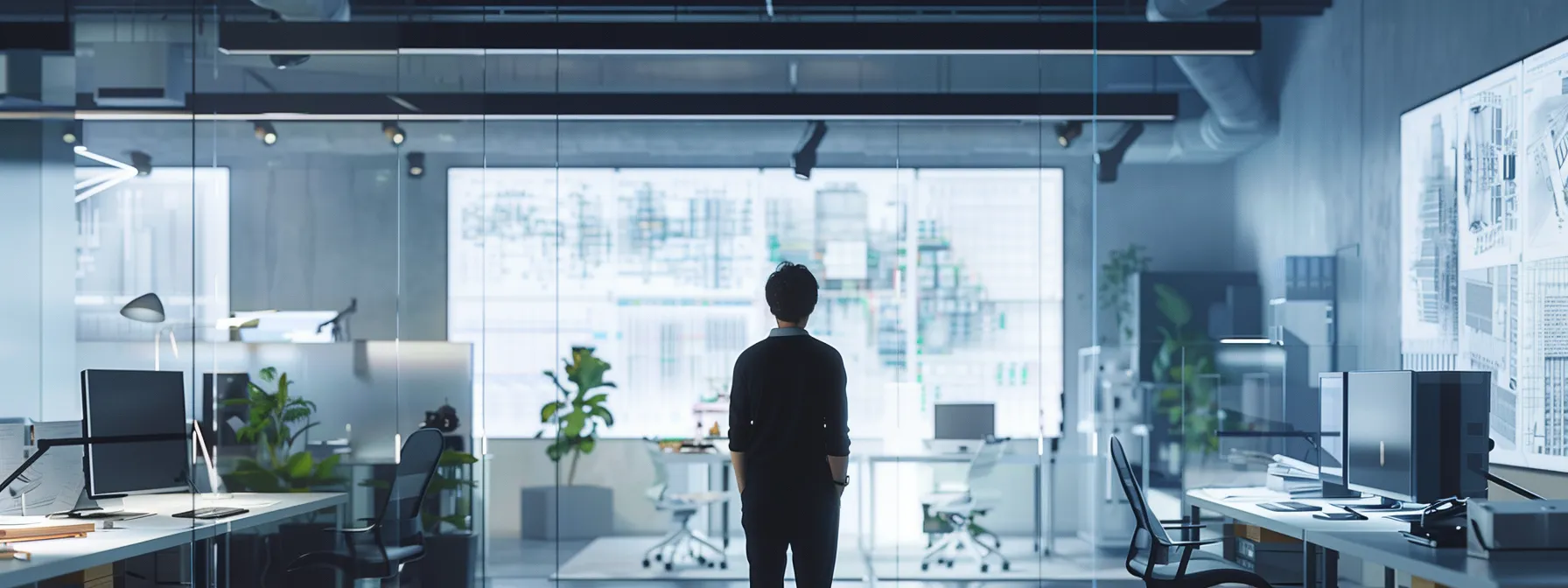 a focused architect stands in a modern office, surrounded by large-scale blueprints and digital renderings, immersed in a creative brainstorming session that showcases the innovative design process.