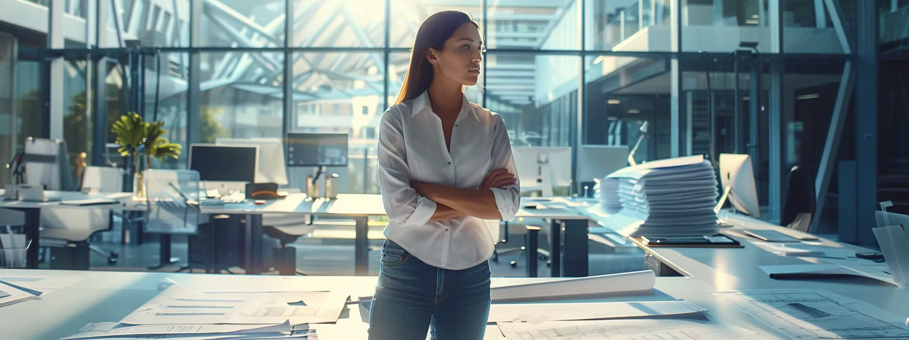 a focused architect stands in a modern, bright office space surrounded by intricate blueprints and 3d models, deep in thought as she envisions the next groundbreaking building design.