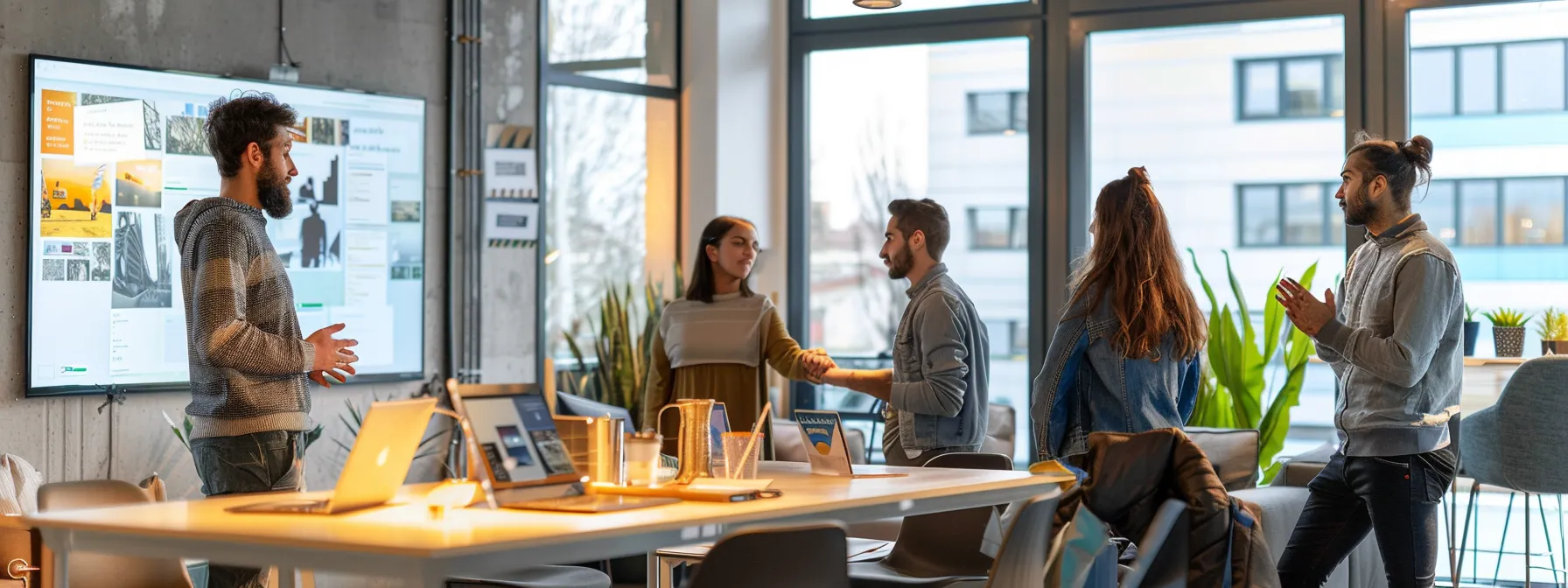 a focused architectural intern presents their vibrant design portfolio during a lively networking event in a modern office space, with engaged professionals exchanging ideas amidst sleek furniture and innovative visual displays.