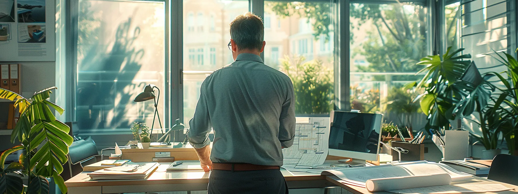 a focused architectural professional, surrounded by blueprints and digital design tools, intently reviews a career development plan in a bright, modern workspace, showcasing ambition and clarity in pursuit of advancement.