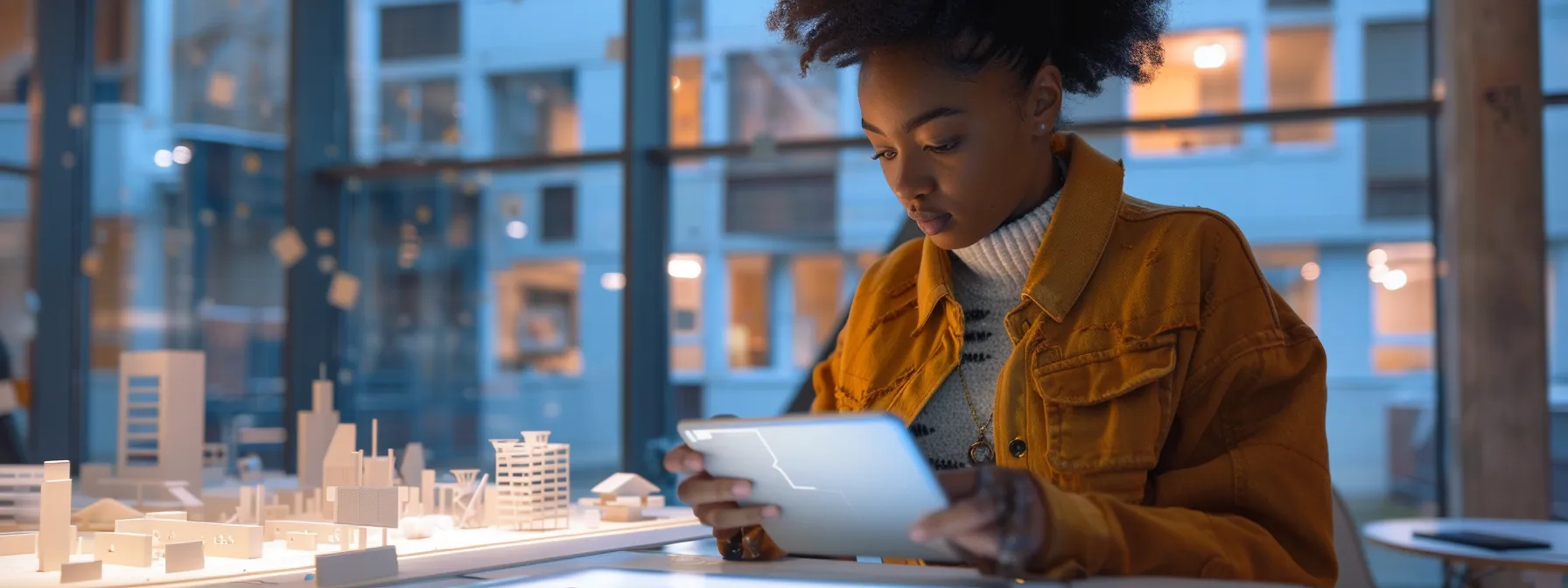 a focused architectural student reviews intricate 3d models and detailed floor plans on a sleek digital tablet within a modern, well-lit design studio, embodying the pursuit of advanced education and industry certifications.