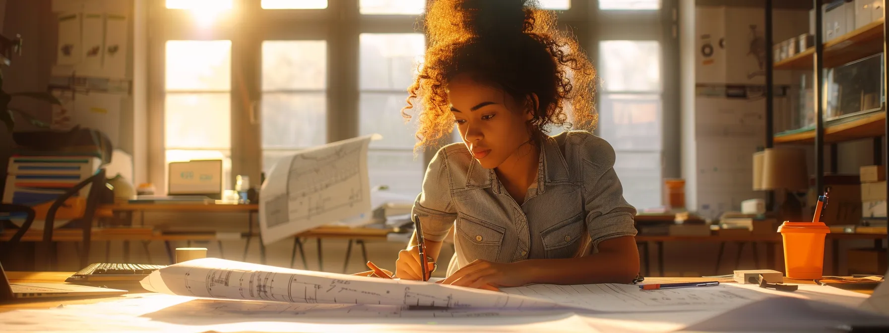 a focused architectural student, surrounded by vibrant blueprints and digital design tools, contemplates complex technical drawings in a sunlit studio, embodying the unique challenges and creative potential of aspiring architects.