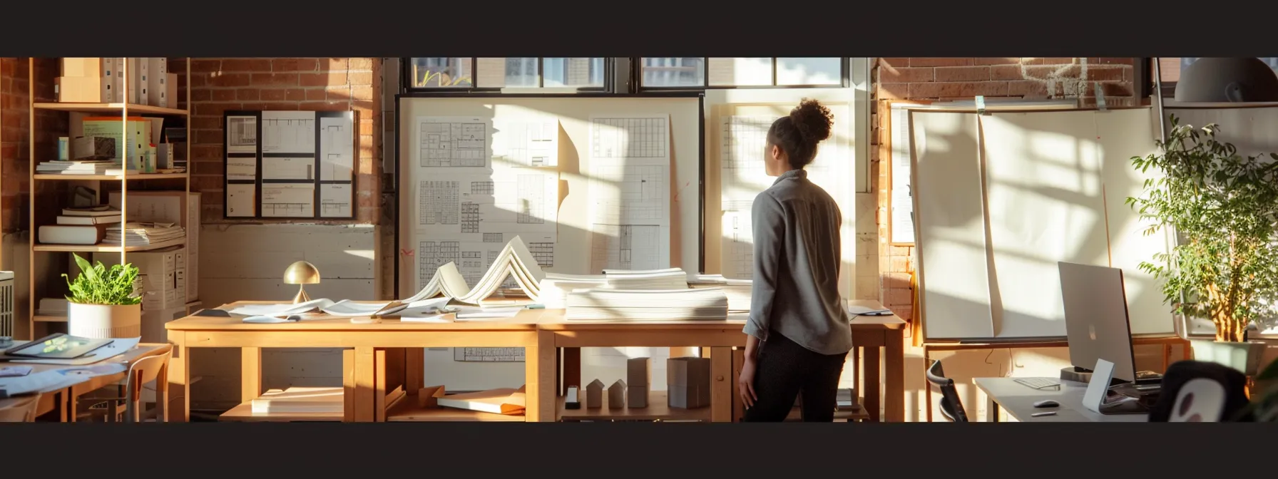 a focused architecture intern stands in a vibrant, sunlit office surrounded by blueprints and models, embodying determination and adaptability as they engage with a mentor, reflecting the journey of growth through challenges in the field.
