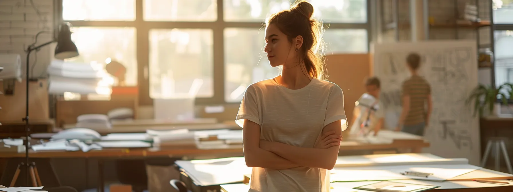a focused architecture student stands confidently in a sunlit studio, surrounded by sketches and models, showcasing their impressive portfolio while preparing for an internship interview, capturing the essence of ambition and professionalism.
