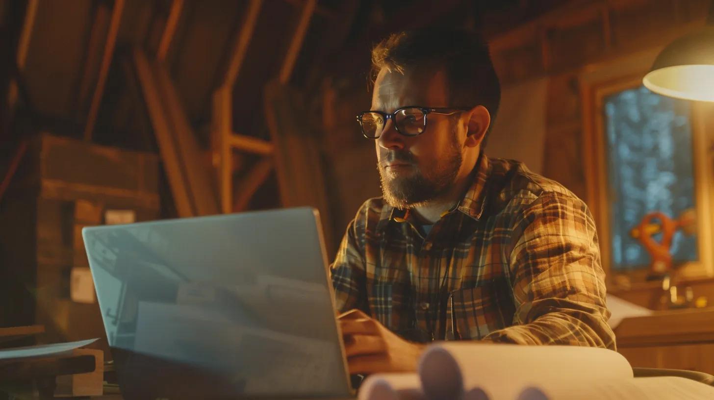 a focused, atmospheric shot of a home builder reviewing glowing online testimonials on a laptop, illuminated by soft, warm lighting, with construction plans and tools subtly blurred in the background. a focused, atmospheric shot of a home builder reviewing glowing online testimonials on a laptop, illuminated by soft, warm lighting, with construction plans and tools subtly blurred in the background.