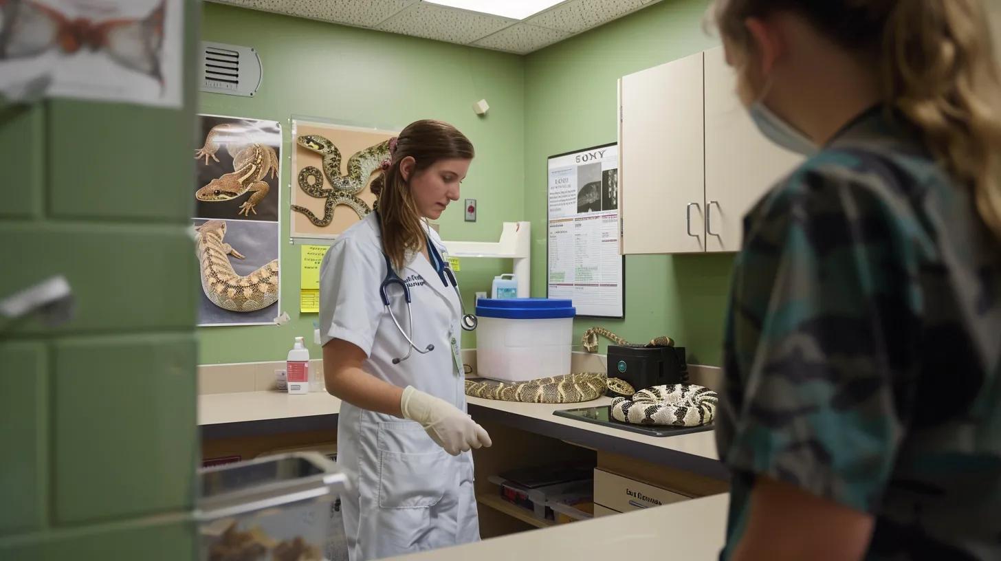 a focused, brightly lit veterinary clinic features a knowledgeable reptile veterinarian examining a colorful, healthy snake while surrounded by advanced medical equipment and educational posters on reptile care, conveying a sense of professionalism and trust.