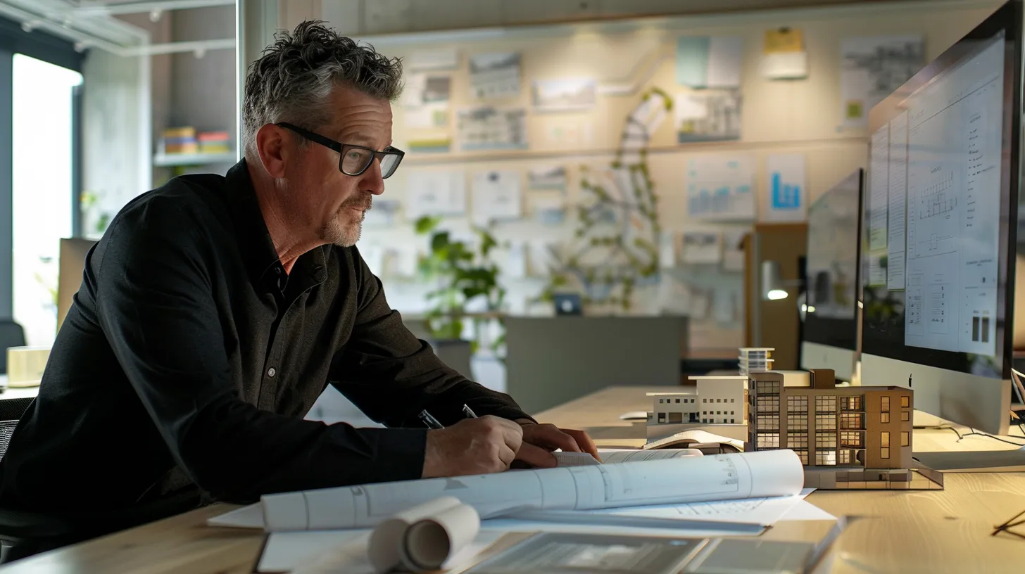 a focused building consultant analyzes blueprints at a sleek, modern office desk, surrounded by architectural models and digital screens displaying project data, emphasizing their critical advisory role in construction success. a focused building consultant analyzes blueprints at a sleek, modern office desk, surrounded by architectural models and digital screens displaying project data, emphasizing their critical advisory role in construction success.