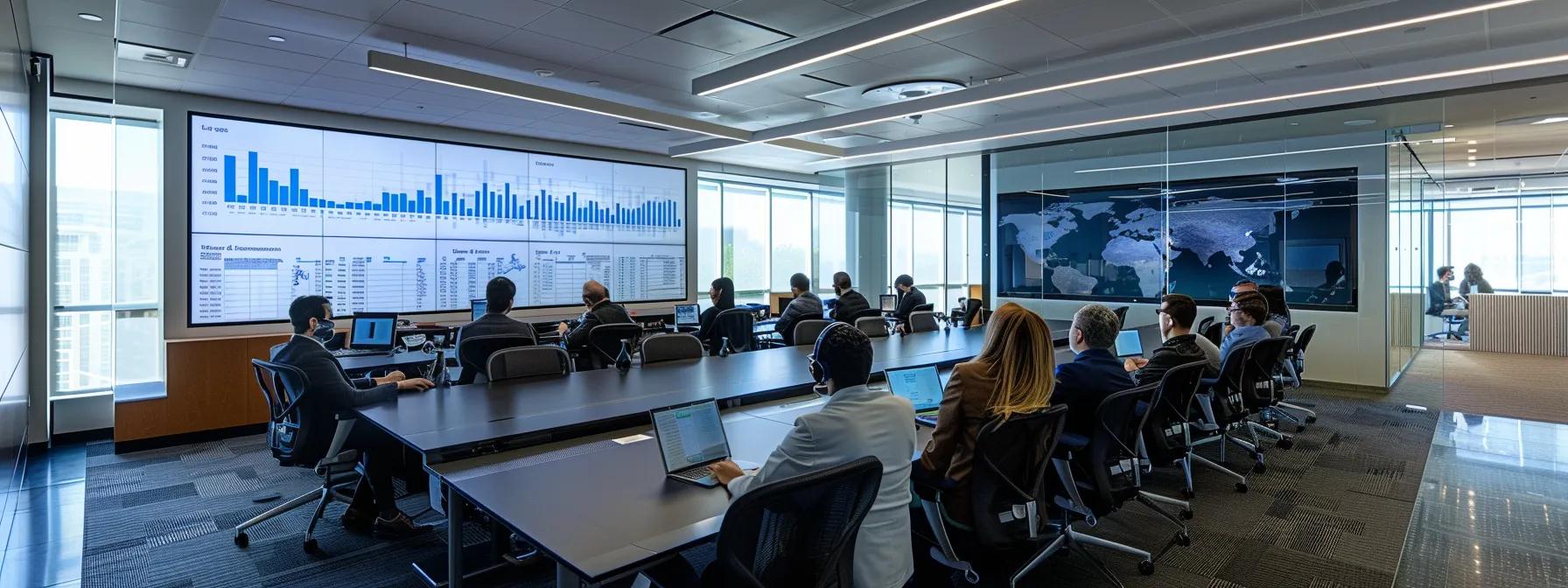 a focused business meeting in a sleek, modern conference room, featuring a diverse group of professionals analyzing data on a digital screen, with graphs and charts illustrating various google advertising cost models aligned with their strategic marketing goals.