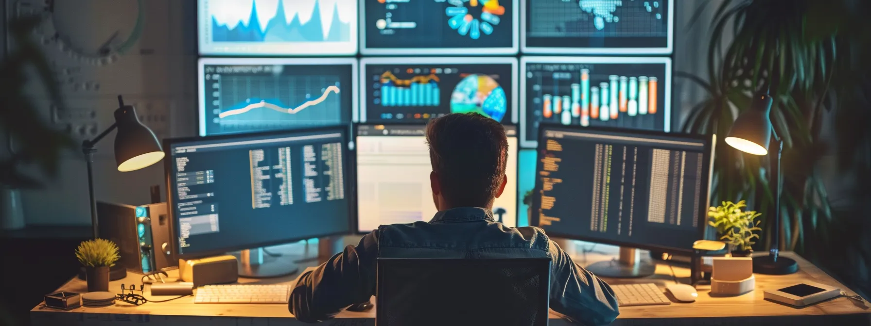 a focused business professional sits at a modern desk surrounded by multiple computer screens displaying various wordpress support plans and comparison charts, illustrating the importance of selecting the right support strategy for business growth. a focused business professional sits at a modern desk surrounded by multiple computer screens displaying various wordpress support plans and comparison charts, illustrating the importance of selecting the right support strategy for business growth.