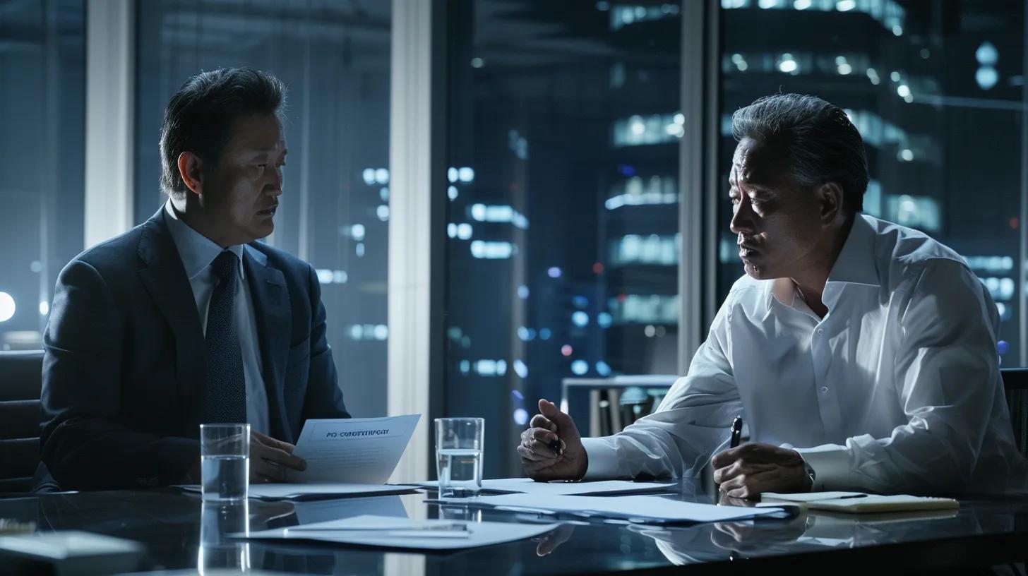 a focused businessman and a commercial contractor intensely discuss a detailed contract at a sleek conference table, with clear documents and a modern office backdrop emphasizing professionalism and trust. a focused businessman and a commercial contractor intensely discuss a detailed contract at a sleek conference table, with clear documents and a modern office backdrop emphasizing professionalism and trust.