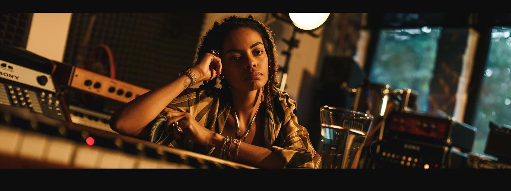 a focused, candid shot of a singer in a modern, stylish rehearsal studio, passionately holding a glass of water while taking a moment to rest, with a soft spotlight highlighting their determined expression amidst a backdrop of sound equipment and sheet music. a focused, candid shot of a singer in a modern, stylish rehearsal studio, passionately holding a glass of water while taking a moment to rest, with a soft spotlight highlighting their determined expression amidst a backdrop of sound equipment and sheet music.