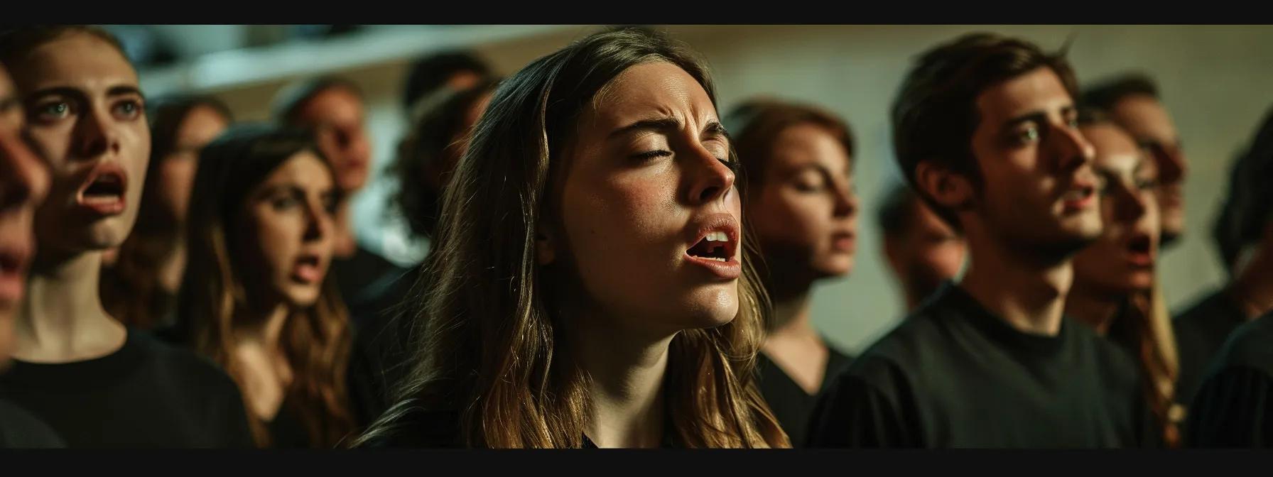 a focused choir rehearsal scene captures vocalists passionately singing in an acoustically engineered indoor space, with expressions reflecting both the intensity of their performance and the subtle strain of their unique vocal demands. a focused choir rehearsal scene captures vocalists passionately singing in an acoustically engineered indoor space, with expressions reflecting both the intensity of their performance and the subtle strain of their unique vocal demands.