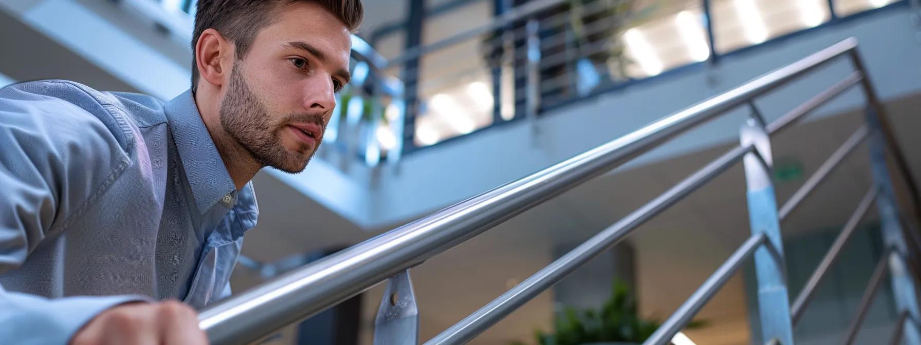 a focused close-up of a professional inspecting a sturdy metal railing in a modern office setting, highlighting the details of the materials, with a serious expression that conveys the importance of structural integrity. a focused close-up of a professional inspecting a sturdy metal railing in a modern office setting, highlighting the details of the materials, with a serious expression that conveys the importance of structural integrity.