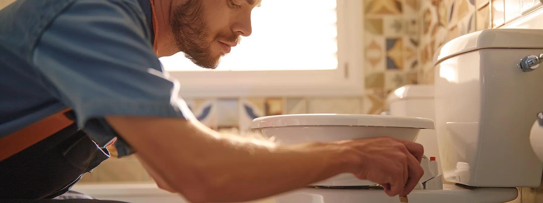a focused close-up of a skilled plumber carefully tightening a toilet tank onto a porcelain bowl in a well-lit, modern bathroom, showcasing the intricate components and ensuring a flawless, leak-proof assembly. a focused close-up of a skilled plumber carefully tightening a toilet tank onto a porcelain bowl in a well-lit, modern bathroom, showcasing the intricate components and ensuring a flawless, leak-proof assembly.