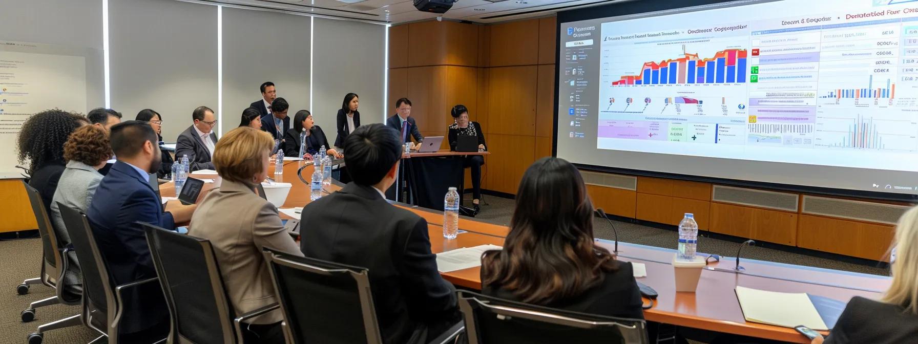 a focused conference room scene features a diverse group of professionals engaged in a detailed discussion, analyzing complex fannie mae eligibility scenarios with documents and digital charts projected on a sleek screen, highlighting non-traditional credit pathways and down payment strategies.