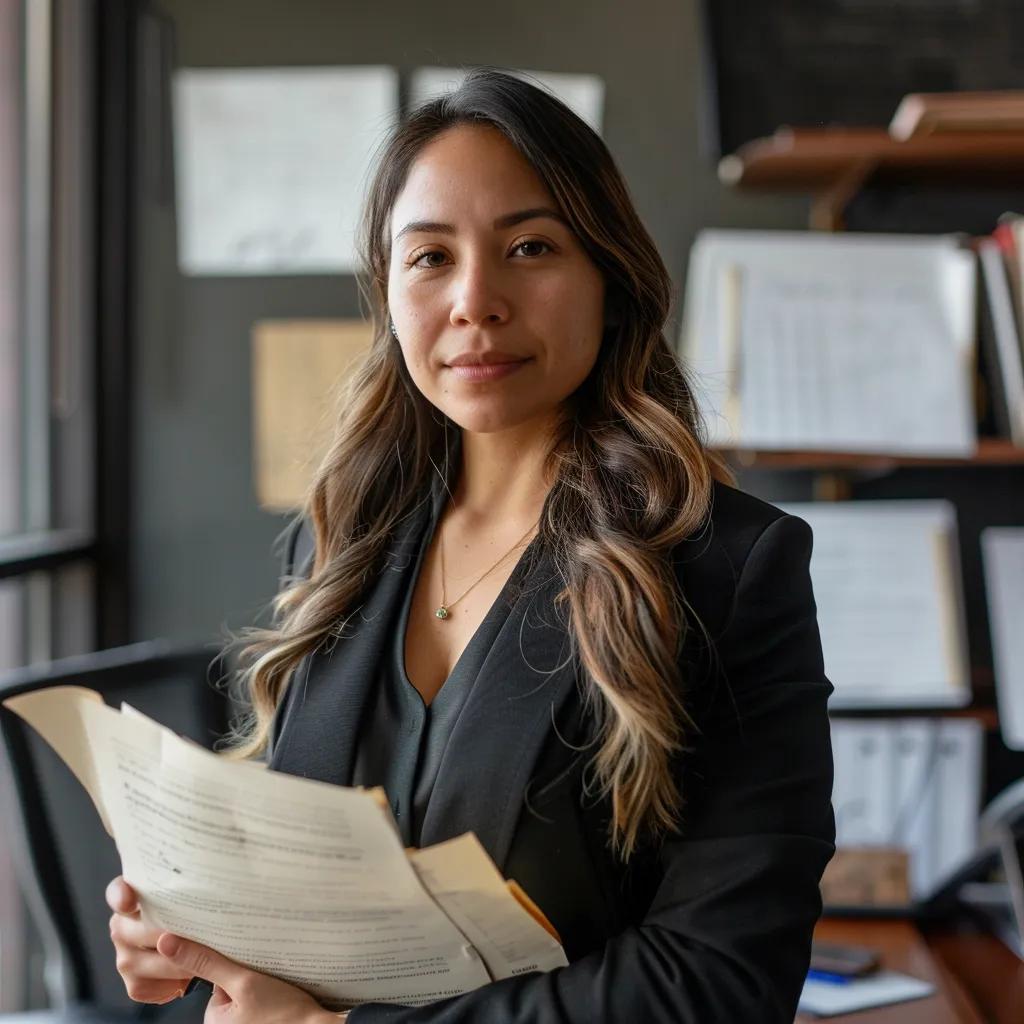 a focused, confident deportation defense lawyer stands in a modern office, surrounded by case files and legal documents, ready to advocate for their client with determination and expertise.